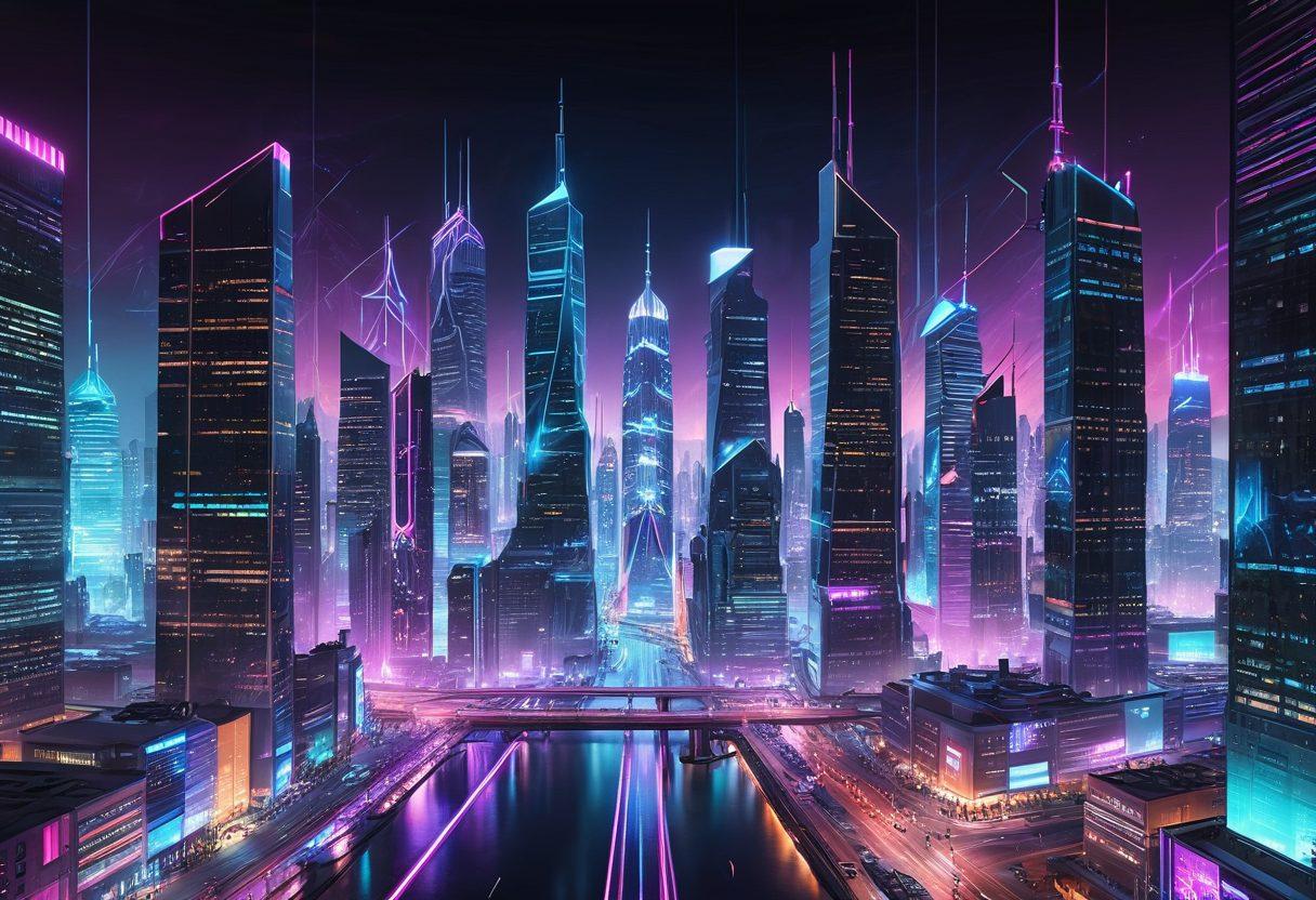 A futuristic cityscape with towering digital skyscrapers, interconnected by glowing data streams, representing the web. Holographic screens displaying code and trendy web interfaces hover around. Diverse developers in modern attire collaborating below. Sleek design elements and vibrant colors to signify innovation. neon cyberpunk. 3D. vibrant colors.