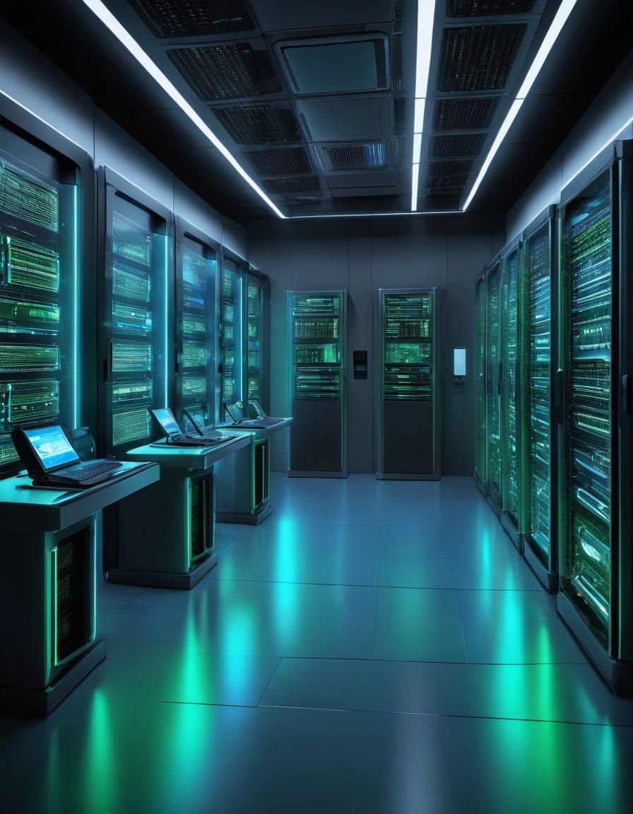 A futuristic data center with glowing servers and high-tech security measures in place, featuring a sleek robotic arm managing servers and a holographic display showing performance analytics. The setting should be ultra-modern, with blue and green hues to represent technology and security enhancements. super-realistic. vibrant colors.