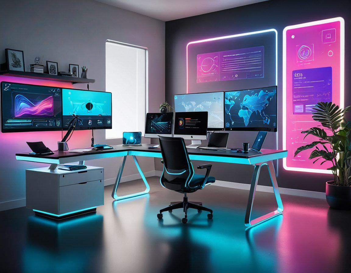 A futuristic workspace with digital interfaces showcasing innovative UX/UI elements, a designer at a sleek desk using holographic tools, vibrant colors, interconnected screens, minimalistic furniture, and dynamic user interactions. ultra-modern style. vibrant colors. super-realistic.